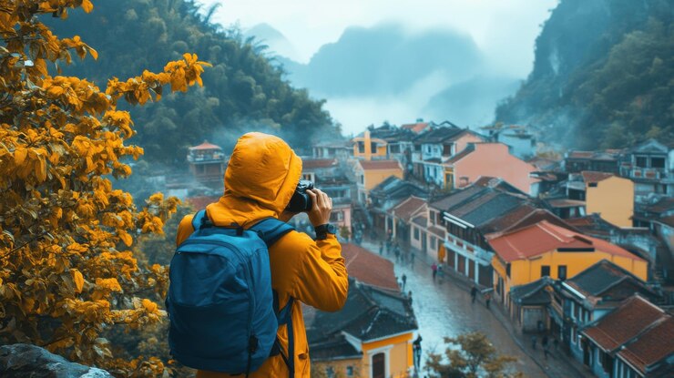Foto viajante solo capturando a beleza de uma aldeia tradicional com casas coloridas foto hiperrealista 4k