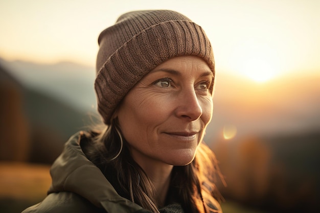 Viajante sorridente está caminhando pelas montanhas com o pôr do sol em fundo generativo ai