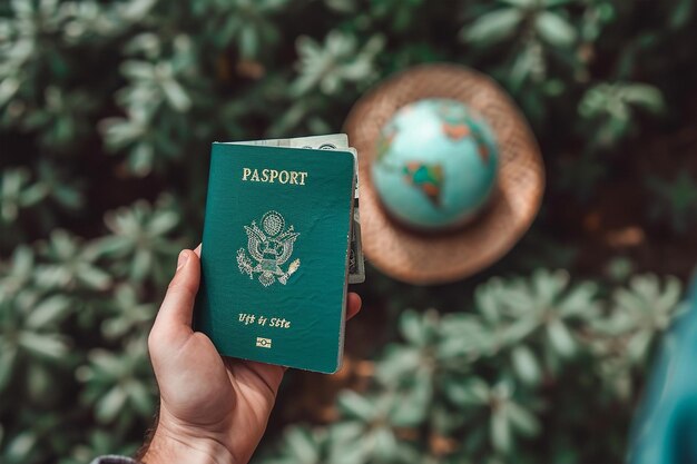 Viajantes com passaporte na mão com moeda globeeuros e chapéu