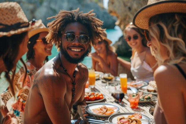 Viajantes em grupo gostam de comer Viajar com mochila IA geradora