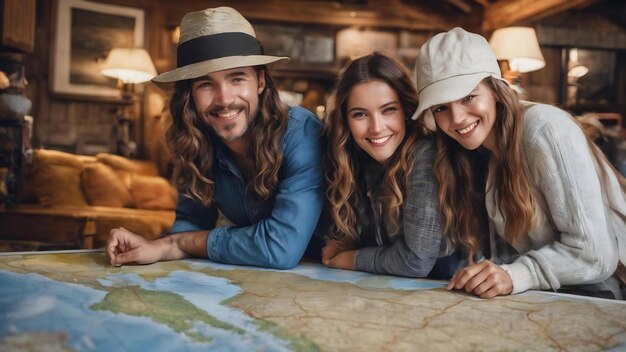 Viajantes felizes com um mapa