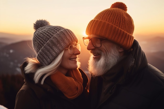 Viajantes idosos sorridentes caminham pelas montanhas com o pôr do sol em fundo generativo ai