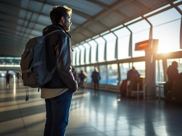 Foto viajar en el aeropuerto con mochila caminar en la puerta del aeropuerto con pasaporte viaje