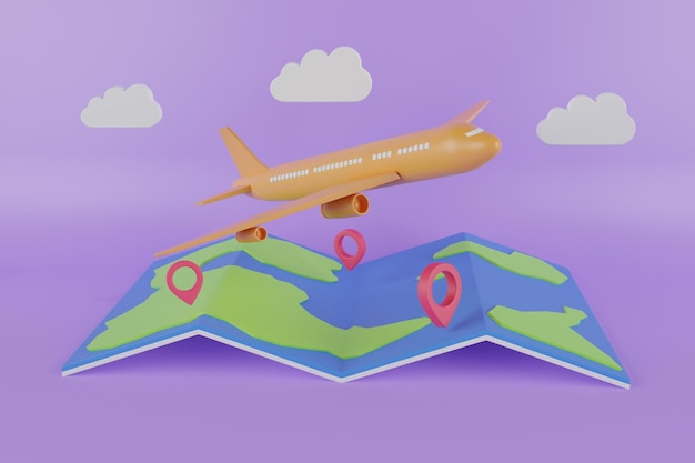 Viajar en avión concepto creativo. Representación 3D pin mapa y maleta con avión de vuelo viajes turismo