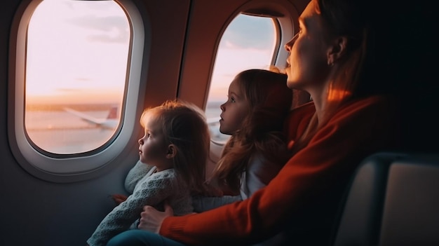 Viajar en avión con una madre y sus hijos viajes familiares IA generativa