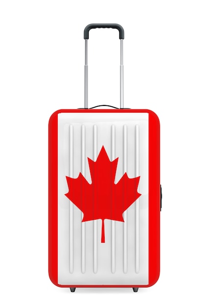Viajar a Canadá Concep. Maleta con la bandera de Canadá sobre un fondo blanco. Representación 3D