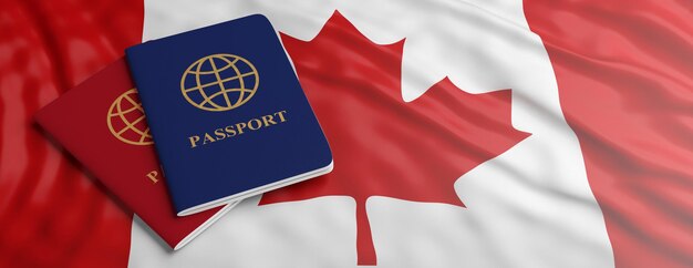 Viajar a Canadá Dos pasaportes en la ilustración 3d de fondo de bandera canadiense