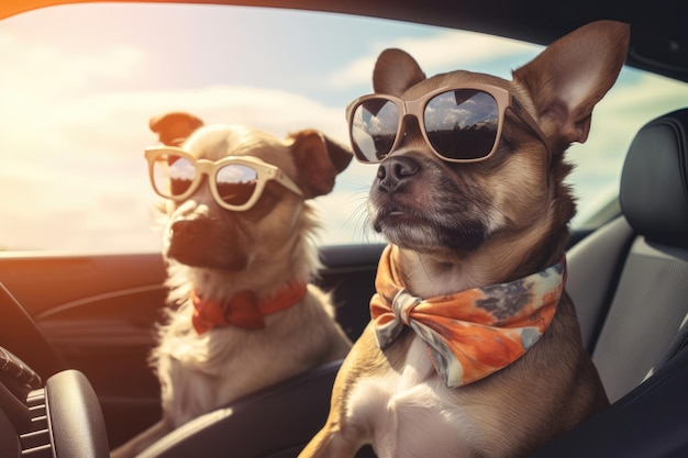 Viajar en coche con perros Bulldogs franceses con gafas de sol Vacaciones de verano con mascotas