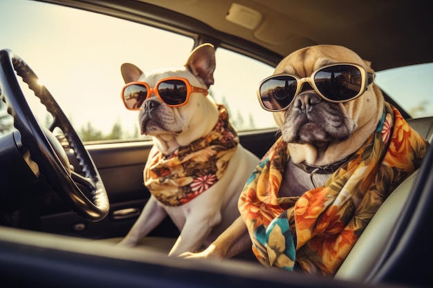 Viajar en coche con perros Bulldogs franceses con gafas de sol Vacaciones de verano con mascotas