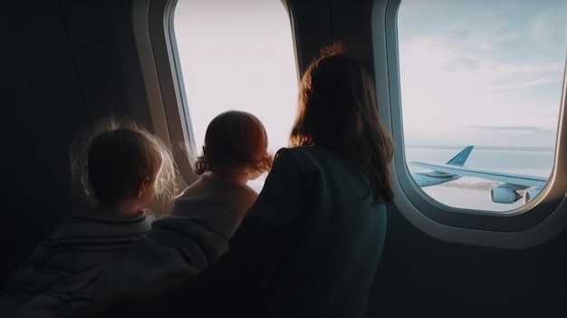 Viajar de avião com uma mãe e seus filhos viagem em família IA generativa