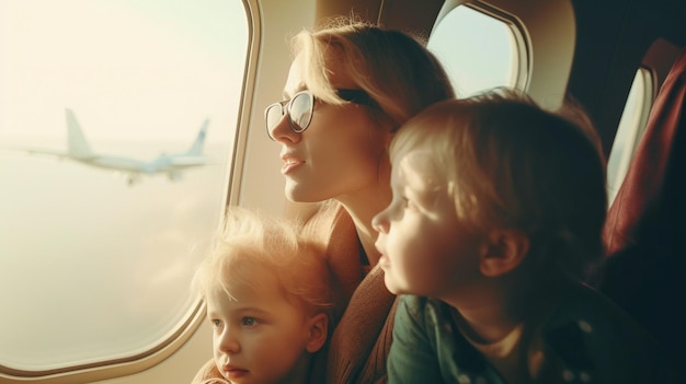 Viajar de avião com uma mãe e seus filhos viagem em família IA generativa