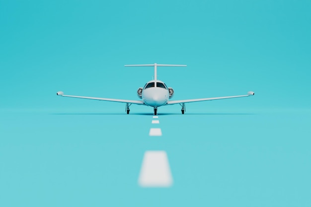 Viajar de avião, o avião está na pista em uma renderização 3D de fundo azul
