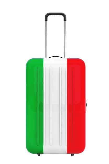 Viajar a Italia Concep. Maleta con la bandera de Italia sobre un fondo blanco. Representación 3D