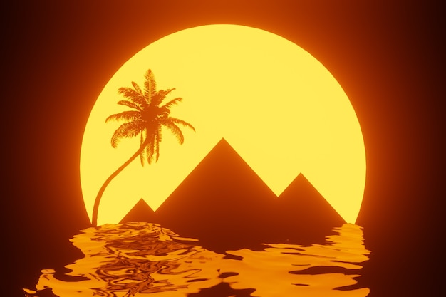 Viajar para o conceito de Egito. Paisagem com estilo dos anos 80 com closeup extrema de pirâmides, palmeiras, sol e mar vermelho. Renderização 3D