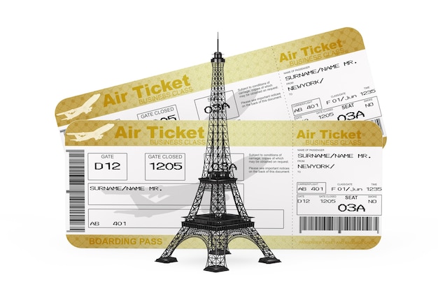 Viajar para o conceito de frança. torre eiffel de paris na frente de two golden business ou first class airline boarding pass fly air tickets em um fundo branco. renderização 3d