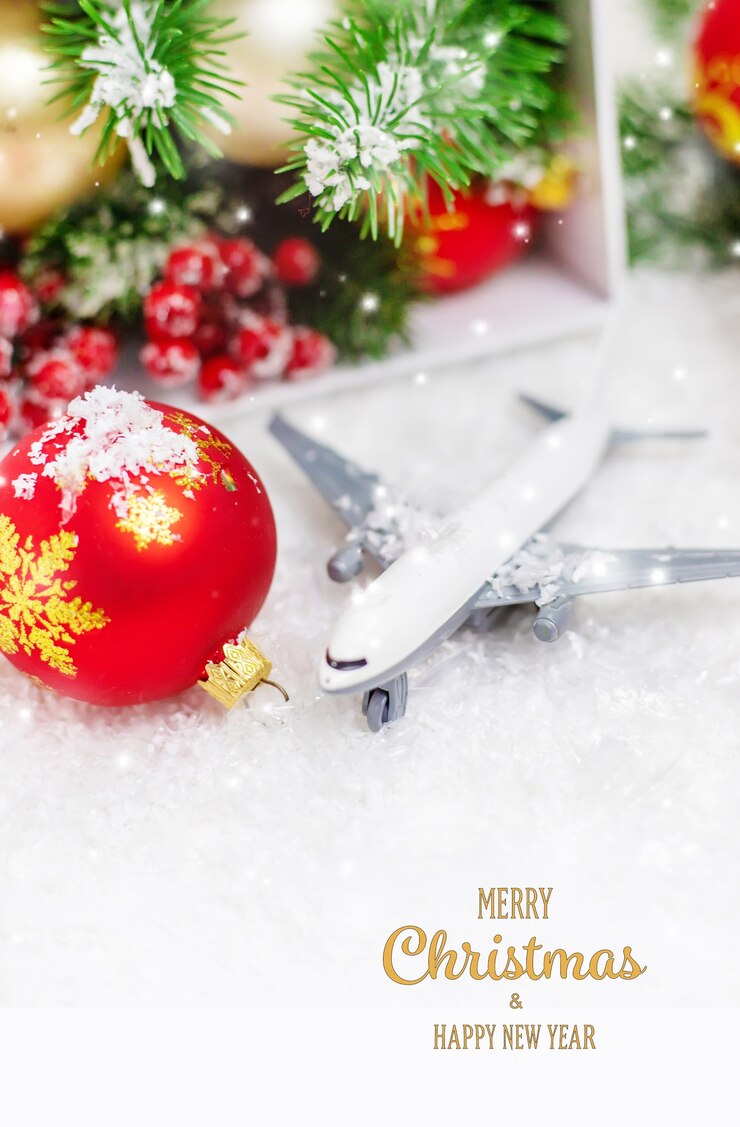 Foto viajar para o natal. avião com decoração de natal. foco seletivo. feriado