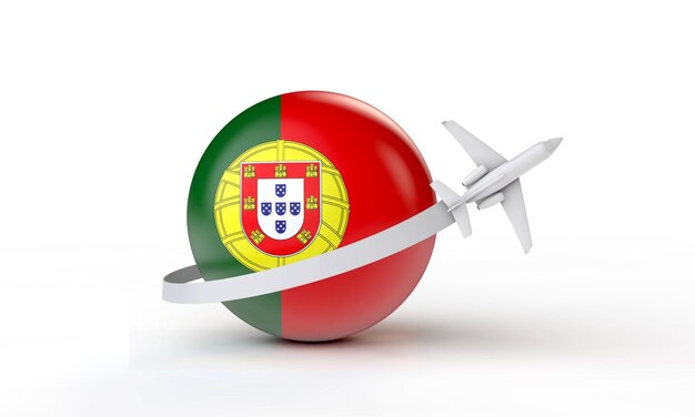 Viajar a portugal concepto avión volando alrededor de bandera d renderizado
