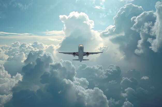 Foto viaje aéreo con avión blanco y nubes en el fondo