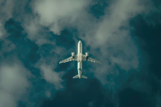 Foto viaje aéreo con avión blanco y nubes en el fondo
