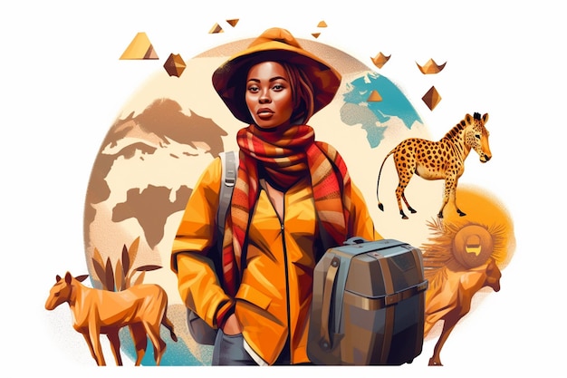 Viaje africano Mujer viajera ilustración conceptual Banner de fondo blanco IA generativa