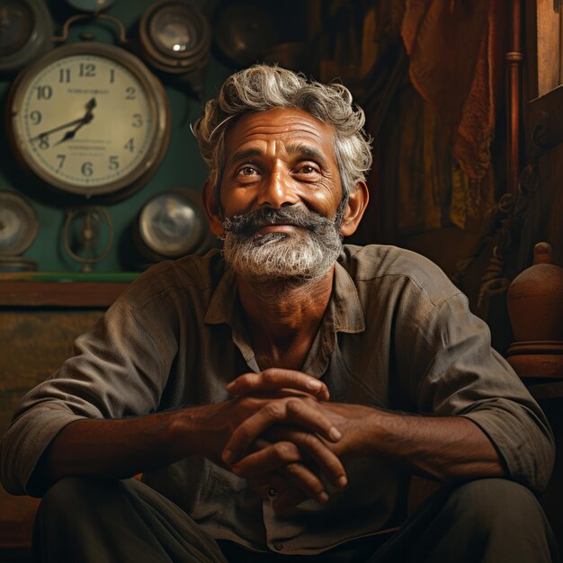 Foto el viaje agridulce de un hombre indio de mediana edad, ambiciones perdidas, grises perdidos y relojes que tiquetean.