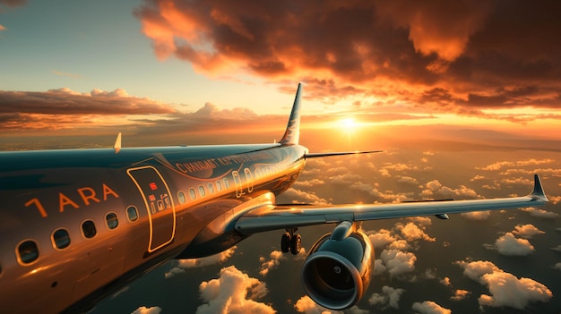 Viaje al atardecer en un avión comercial que despegue hacia el cielo