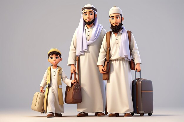 Foto viaje al hajj hombre y niño musulmanes 3d realistas en traje de ihram