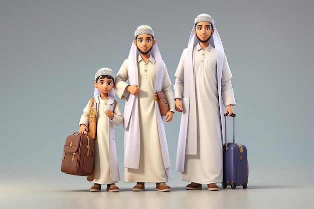 Foto viaje al hajj hombre y niño musulmanes 3d realistas en traje de ihram