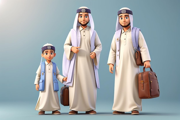 Foto viaje al hajj hombre y niño musulmanes 3d realistas en traje de ihram