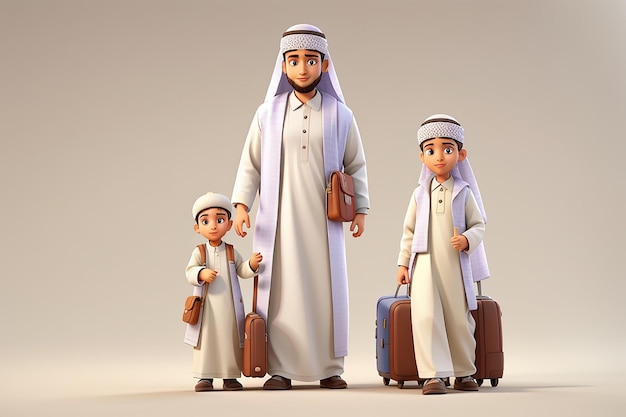 Viaje al Hajj Hombre y niño musulmanes 3D realistas en traje de Ihram