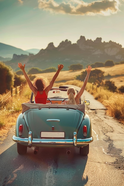 Viaje alegre Amigos abrazan la aventura en un viaje por carretera escénico en la hora dorada IA generativa