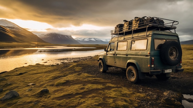 Viaje de aventura con caravana en un camino de tierra con el río y la montaña en la naturaleza bajo el amanecer