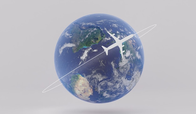 Viaje en avión viaje por el globo continental ilustración 3D