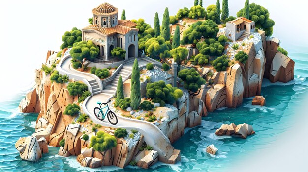 Viaje en bicicleta isométrico 3D Flat Icon por los senderos de las islas griegas explorando antiguas ruinas y Azure Coa