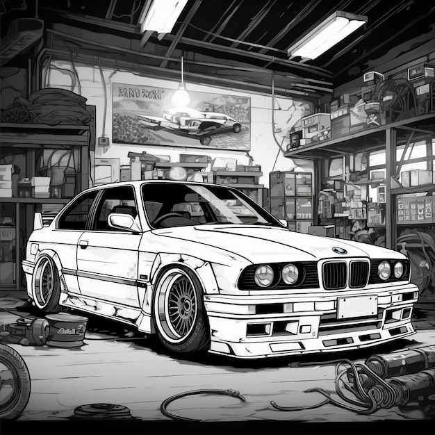 Un viaje en blanco y negro de un BMW E36 en un garaje mecánico Fusing JDM An