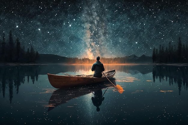 El viaje de un blogger en una canoa por la noche, remando a través de las estrellas