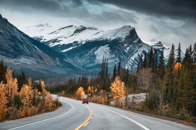 Viaje por carretera con las montañas rocosas en el bosque de otoño en el parque nacional de Banff, Alberta, Canadá