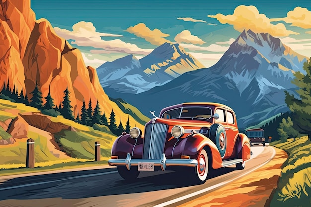 Viaje en coche retro por carretera a las montañas foto realista