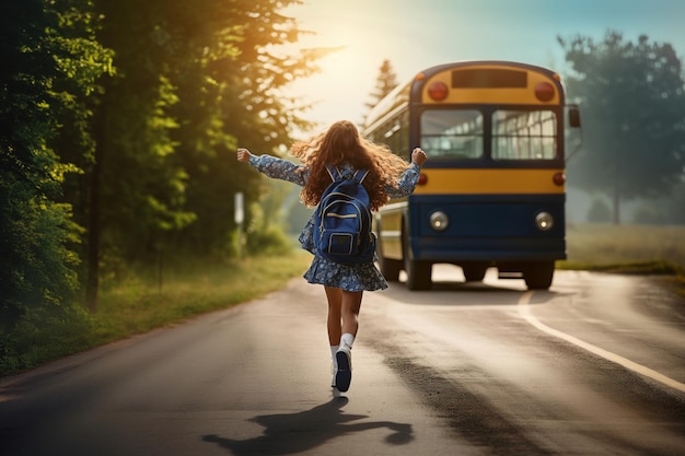 El viaje de una colegiala corriendo para coger el autobús escolar