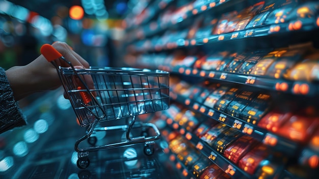 Viaje de compras Una persona navegando por los pasillos con un carrito de compras