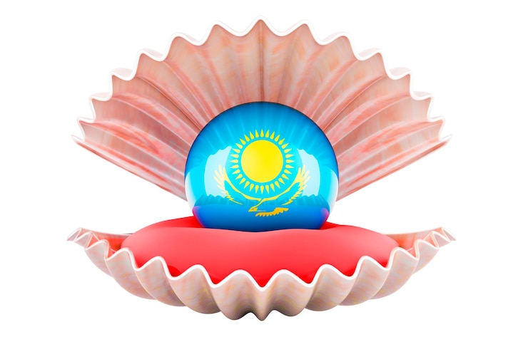 Foto viaje en el concepto de kazajstán perla con bandera kazaja dentro de concha de mar 3d rendering