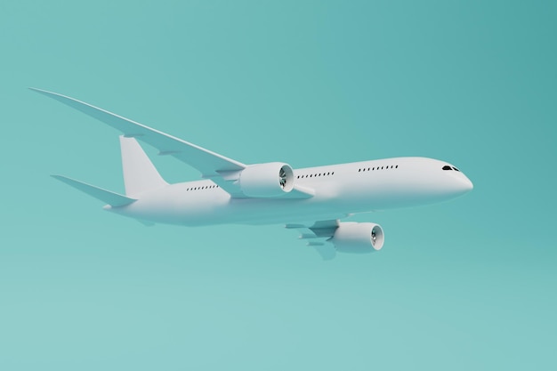 Viaje de avião um avião voador em uma renderização 3D de fundo turquesa