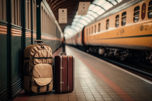 Viaje de trem malas de viagem bagagem com bagagem na ilustração da estação ferroviária Generative AI