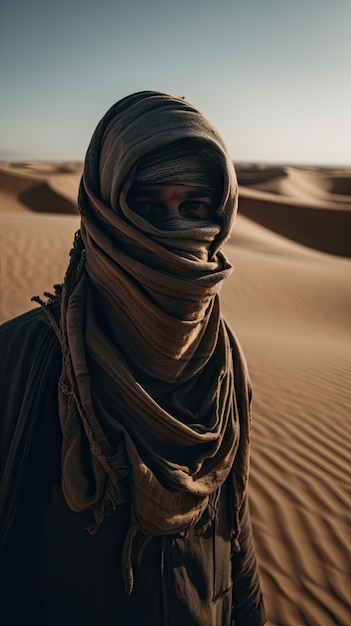 Viaje por el desierto Una persona que camina con una bufanda de protección