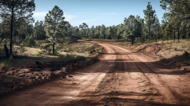 Viaje en un día soleado por el cautivador camino de tierra roja a través de un bosque encantador