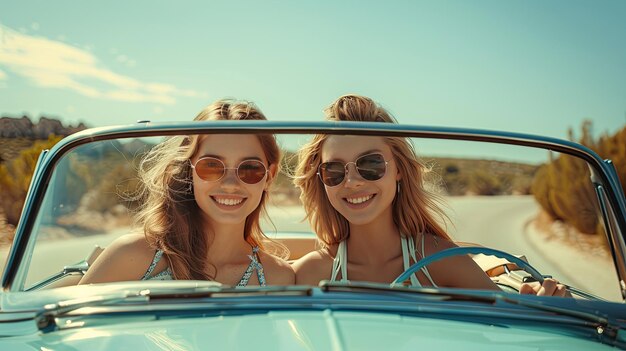 Un viaje de dos chicas al mar en un descapotable