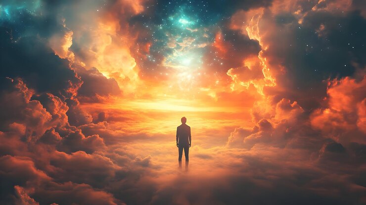 Foto viaje por encima de las nubes silueta puesta de sol cielo nubes cielo fantasía sueño esperanza inspiración