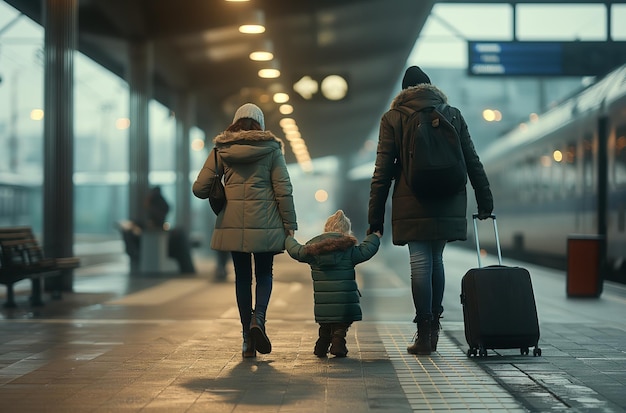 Viaje familiar en la estación de tren