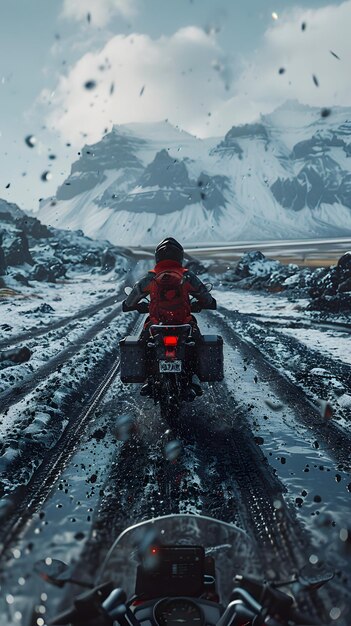 Viaje fotorrealista en motocicleta a través de las tierras altas de Islandia con glaciares de campos de lava y géiseres