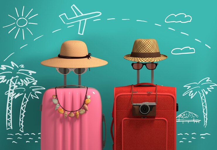 viaje de ilustración 3d Imagen masculina y femenina en forma de maletas y sombreros Las palmeras y el mar están pintados en el fondo